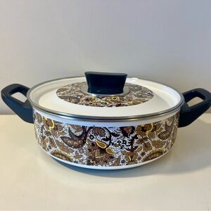 70's Vintage Enamel Pot with Lid Brown Paisley Pattern Fancipans